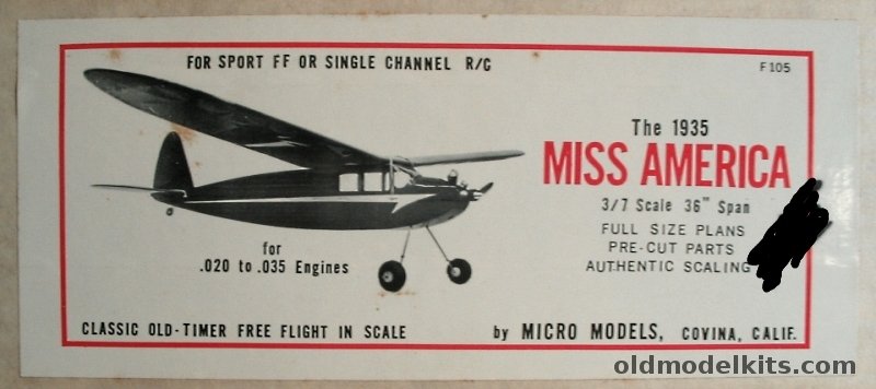 Micro Models 1/2 The 1935 Miss American (Reproduction) - 36 inch Wingspan Free Flight Balsa Airplane Model, F105 plastic model kit